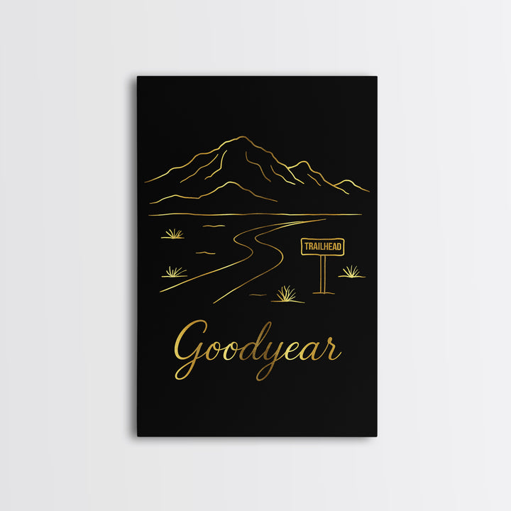 Goodyear Travel Poster, Framed Canvas Print, Gold Outline Poster Art, Goodyear Travel Art, Mid Century Wall Art, Vintage Travel Art