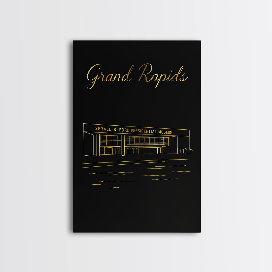 Grand Rapids Travel Poster, Framed Canvas Print, Black Gold Minimalist Art, Grand Rapids Travel Art, Mid Century Wall Art, City Art Print