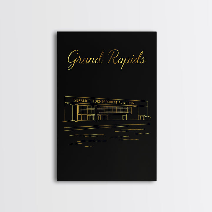 Grand Rapids Travel Poster, Framed Canvas Print, Black Gold Minimalist Art, Grand Rapids Travel Art, Mid Century Wall Art, City Art Print