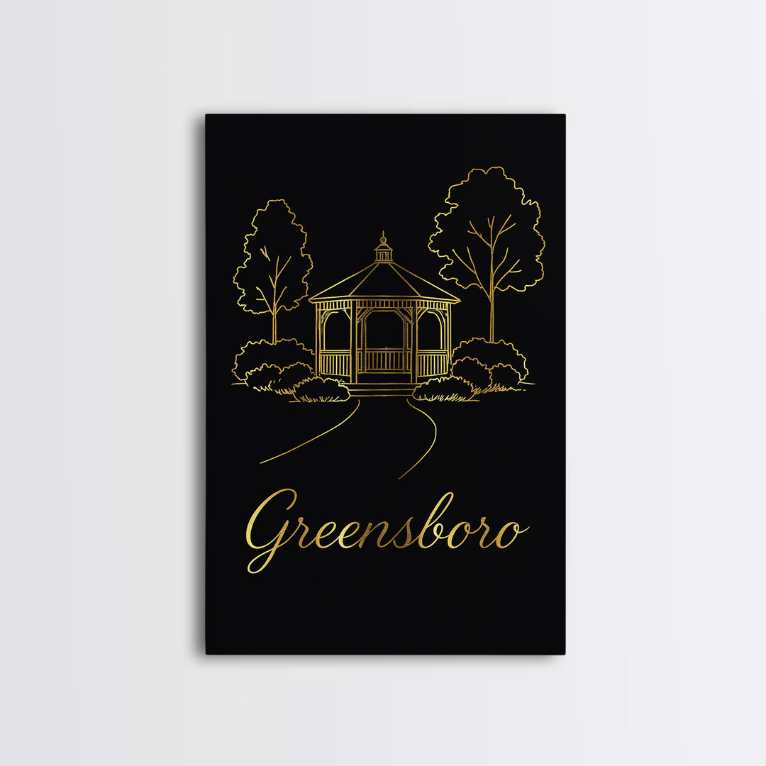 Greensboro Travel Poster, Framed Canvas Print, Gold Outline Poster Art, Greensboro Art Print, Travel Poster Set, Vintage Travel Print