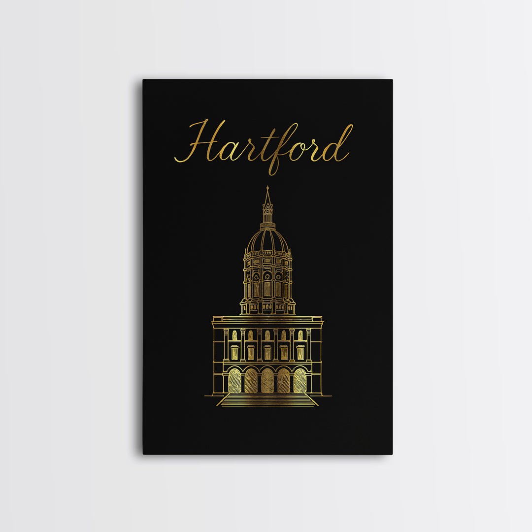 Hartford Travel Poster, Framed Canvas Print, Dark Minimalist Wall Art, Hartford Travel Art, Living Room Wall Art, Modern Wall Decor