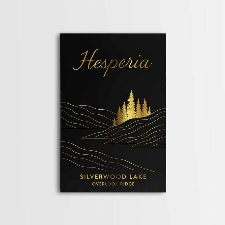 Hesperia Travel Poster, Framed Canvas Print, Dark Minimalist Wall Art, Hesperia Travel Art, Vintage City Art, City Illustration