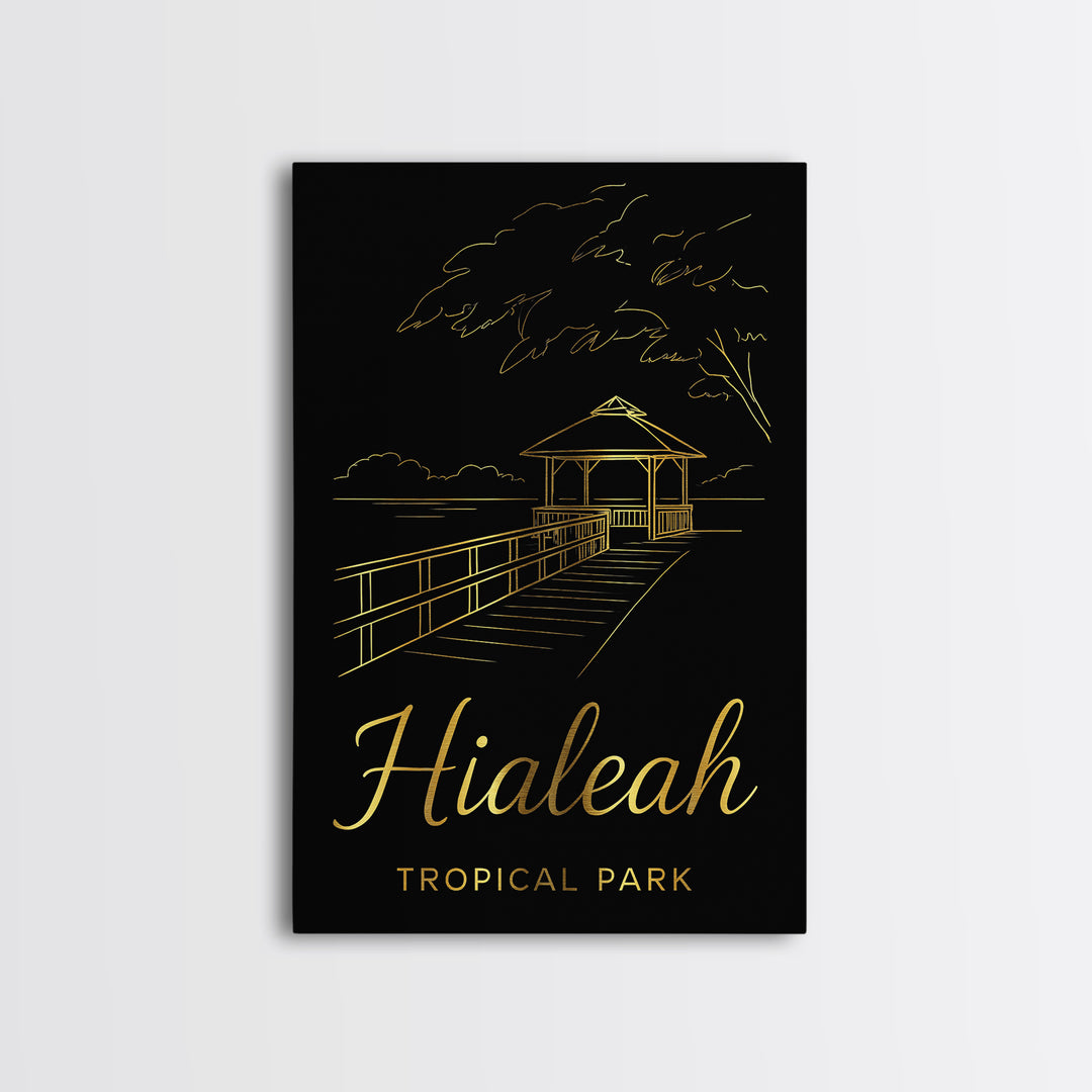Hialeah Florida Travel Poster, Framed Canvas Print, Black Gold Minimalist Art, Hialeah Wall Art, Travel Poster Art, Retro Travel Print