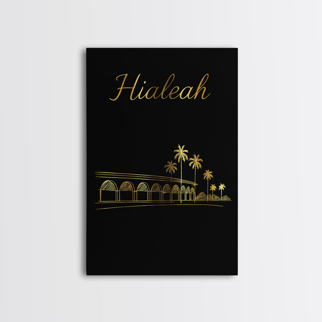 Hialeah Travel Poster, Canvas Print, Gold Outline Poster Art, Hialeah Art Print, Watercolor City Skyline, City Art Print, Wall Art