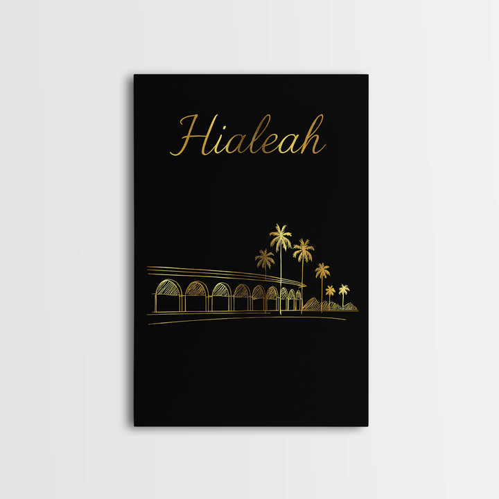 Hialeah Travel Poster, Canvas Print, Gold Outline Poster Art, Hialeah Art Print, Watercolor City Skyline, City Art Print, Wall Art