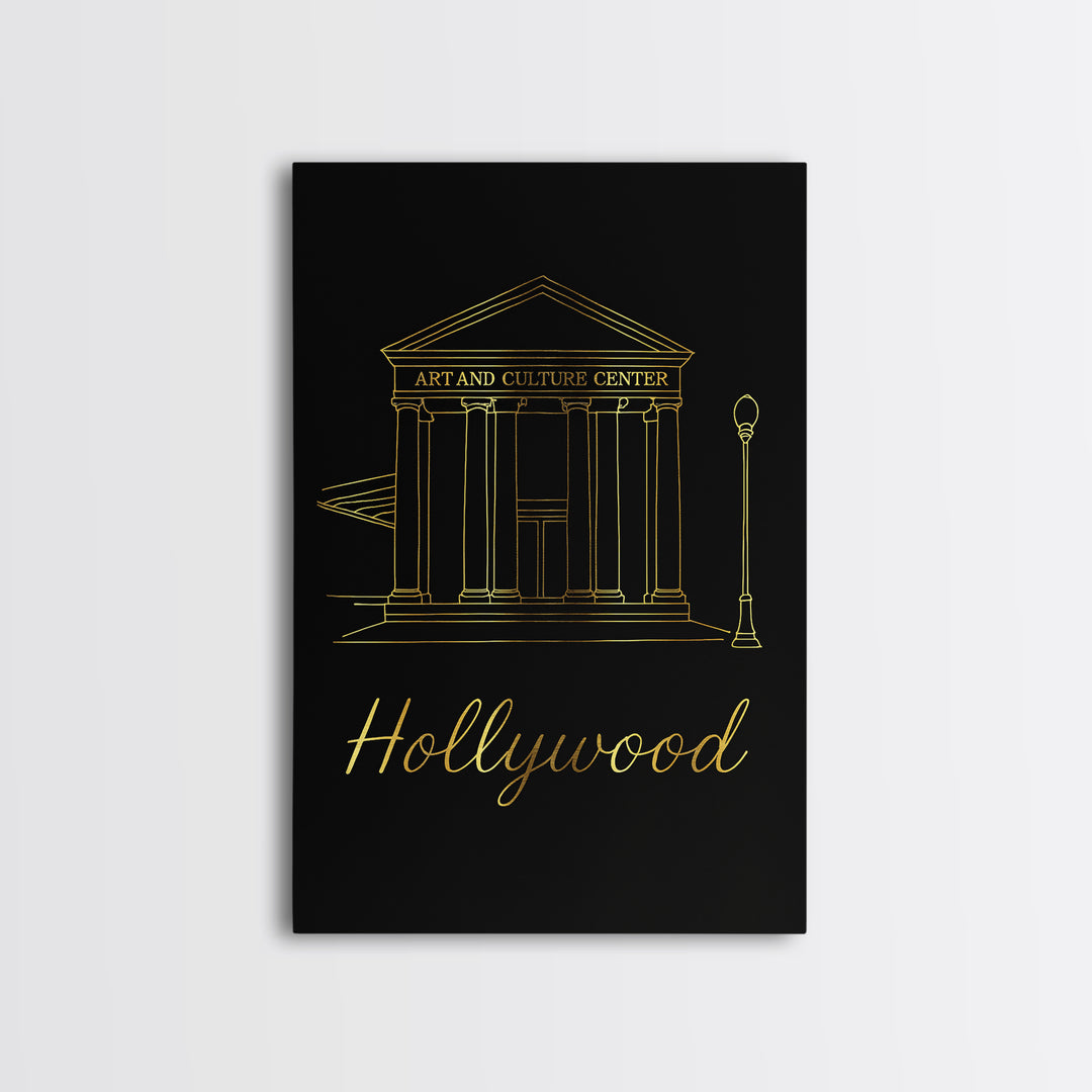 Hollywood Travel Poster, Canvas Print, Minimalist Gold Line Art, Hollywood City Art, Retro Travel Print, Travel Poster Set, Landscape Art