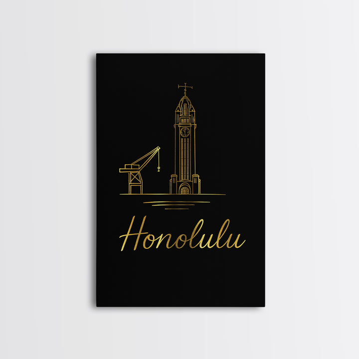 Honolulu Hawaii Travel Poster, Canvas Print, Gold Outline Poster Art, Honolulu City Art, Wall Art, Gift For Travelers, Poster Art