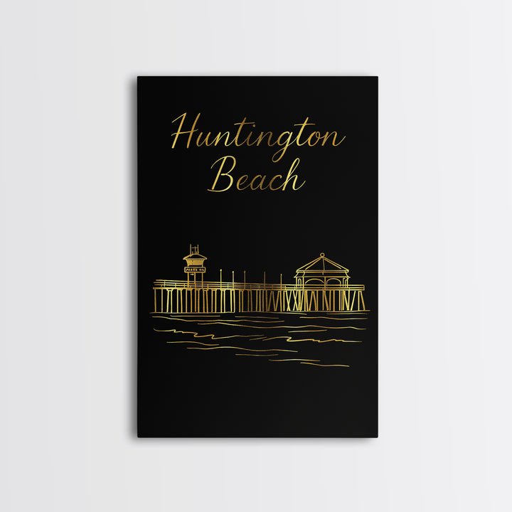 Huntington Beach Travel Poster, Canvas Print, Minimalist Gold Line Art, Huntington Beach Poster Print, Travel Poster Set, Retro Travel Print