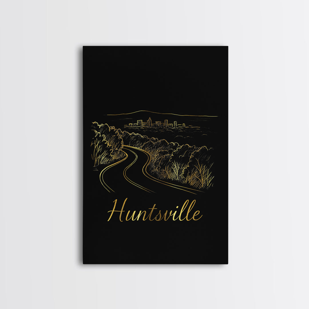 Huntsville Alabama Travel Poster, Canvas Print, Minimalist Gold Line Art, Huntsville Poster Print, Travel Poster Art, Watercolor Skyline