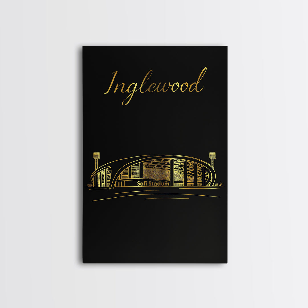 Inglewood Travel Poster, Framed Canvas Print, Minimalist Gold Line Art, Inglewood City Art, Travel Art Print, Vintage Travel Art