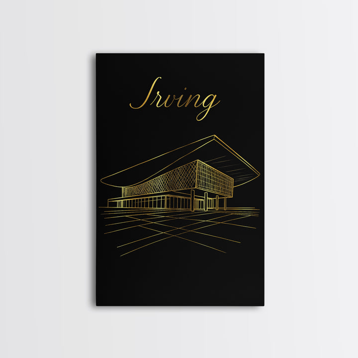 Irving Texas Travel Poster, Canvas Print, Gold Outline Poster Art, Irving Wall Art, Vintage City Art, City Art Print, Vintage Travel Art