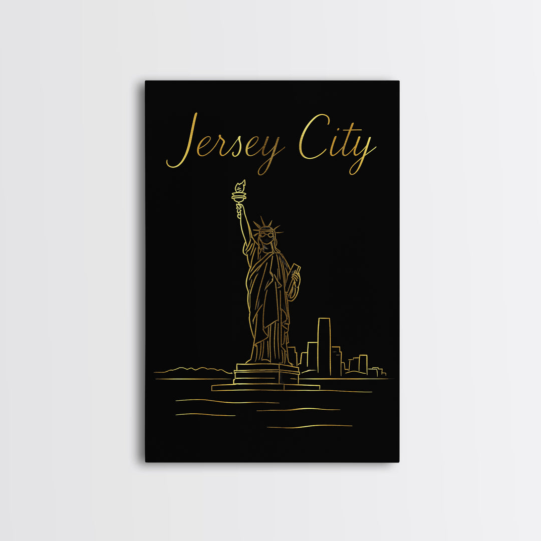 Jersey City Travel Poster, Framed Canvas Print, Black Gold Minimalist Art, Jersey City Poster Print, Living Room Wall Art, Travel Art Print