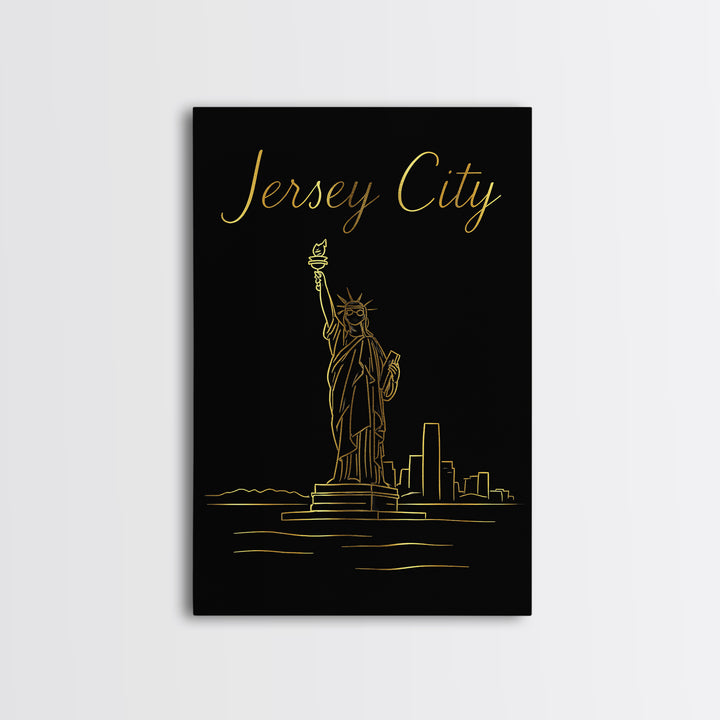 Jersey City Travel Poster, Framed Canvas Print, Black Gold Minimalist Art, Jersey City Poster Print, Living Room Wall Art, Travel Art Print
