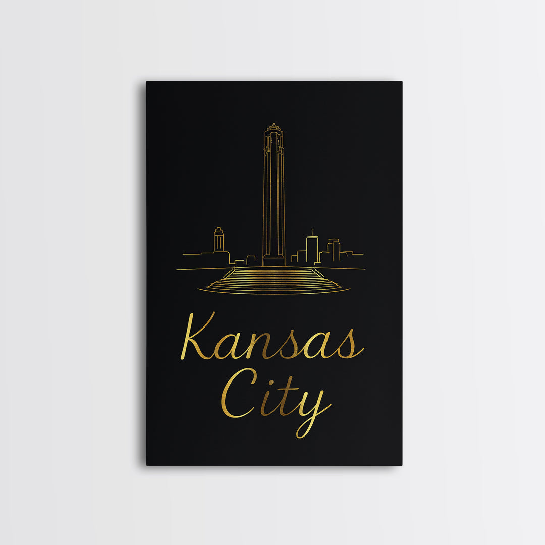 Kansas City Travel Poster, Framed Canvas Print, Black Gold Minimalist Art, Kansas City Wall Art, Vintage Travel Print, Vintage City Art