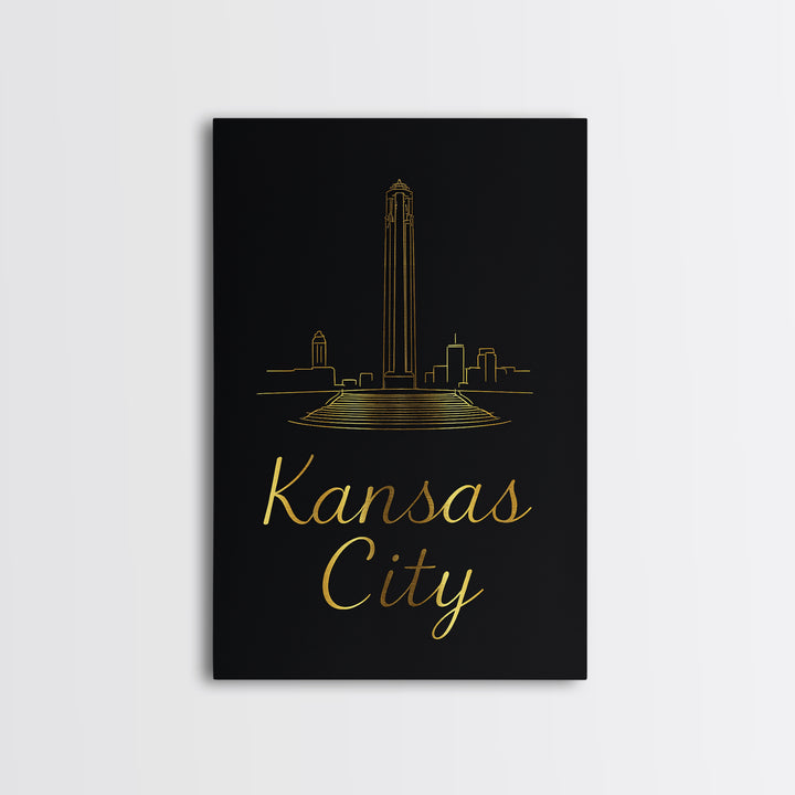 Kansas City Travel Poster, Framed Canvas Print, Black Gold Minimalist Art, Kansas City Wall Art, Vintage Travel Print, Vintage City Art