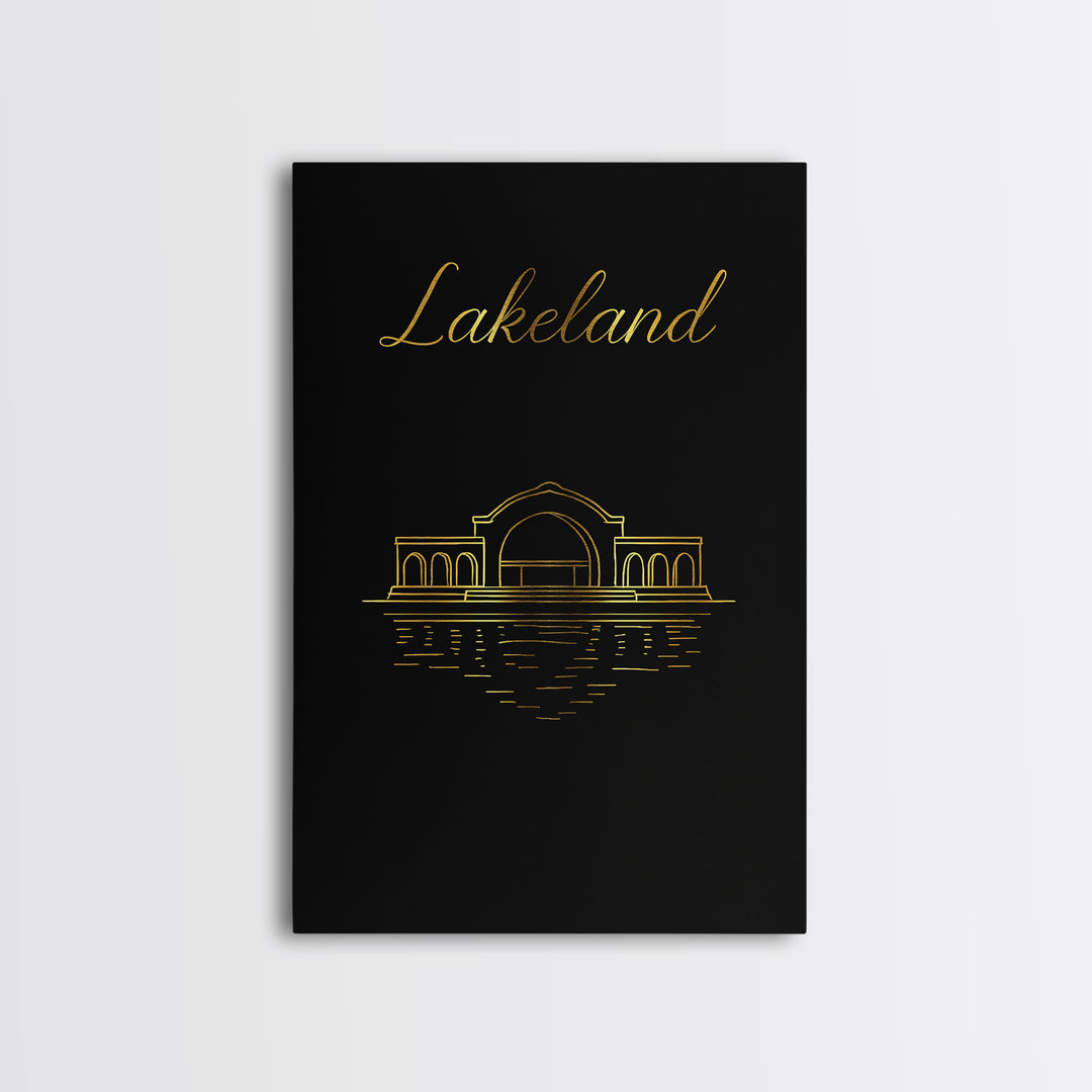 Lakeland Travel Poster, Framed Canvas Print, Minimalist Gold Line Art, Lakeland Wall Art, Watercolor Skyline, Travel Art Print