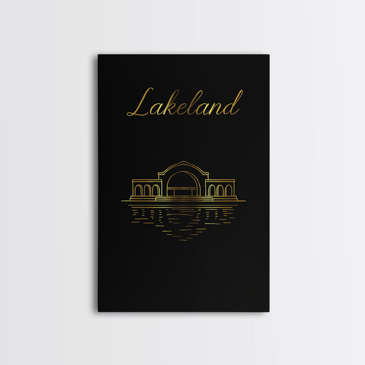 Lakeland Travel Poster, Framed Canvas Print, Minimalist Gold Line Art, Lakeland Wall Art, Watercolor Skyline, Travel Art Print
