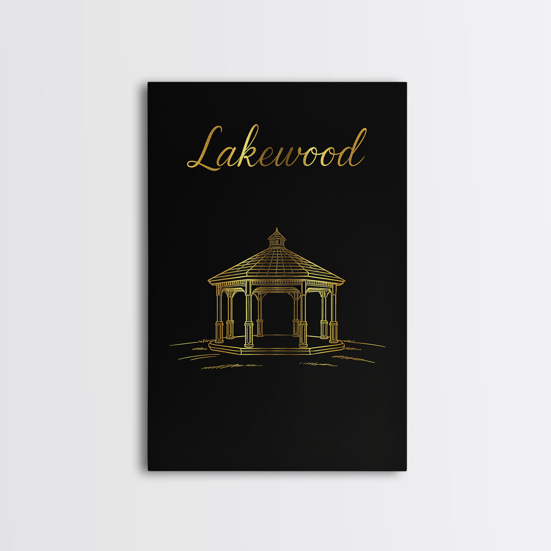 Lakewood Travel Poster, Framed Canvas Print, Black Gold Minimalist Art, Lakewood Wall Art, Travel Wall Art, Mid Century Wall Art