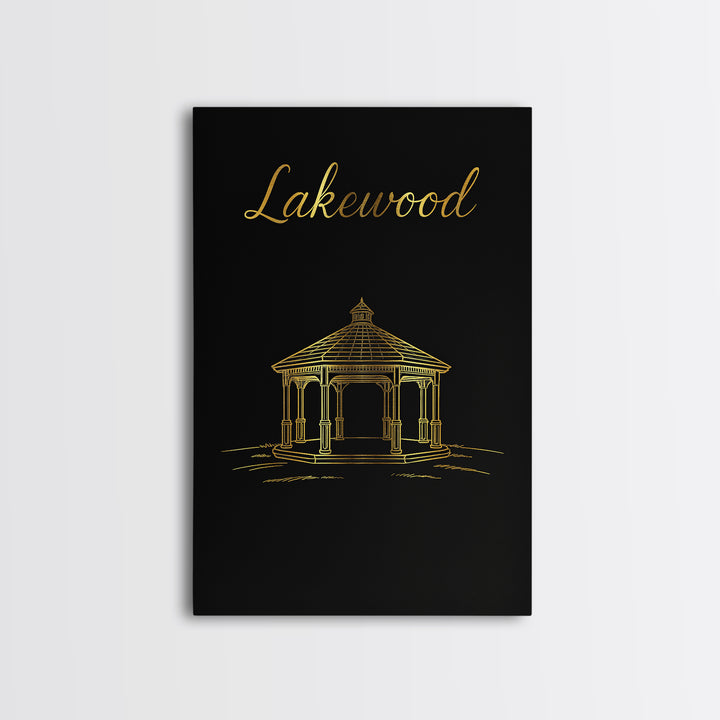 Lakewood Travel Poster, Framed Canvas Print, Black Gold Minimalist Art, Lakewood Wall Art, Travel Wall Art, Mid Century Wall Art
