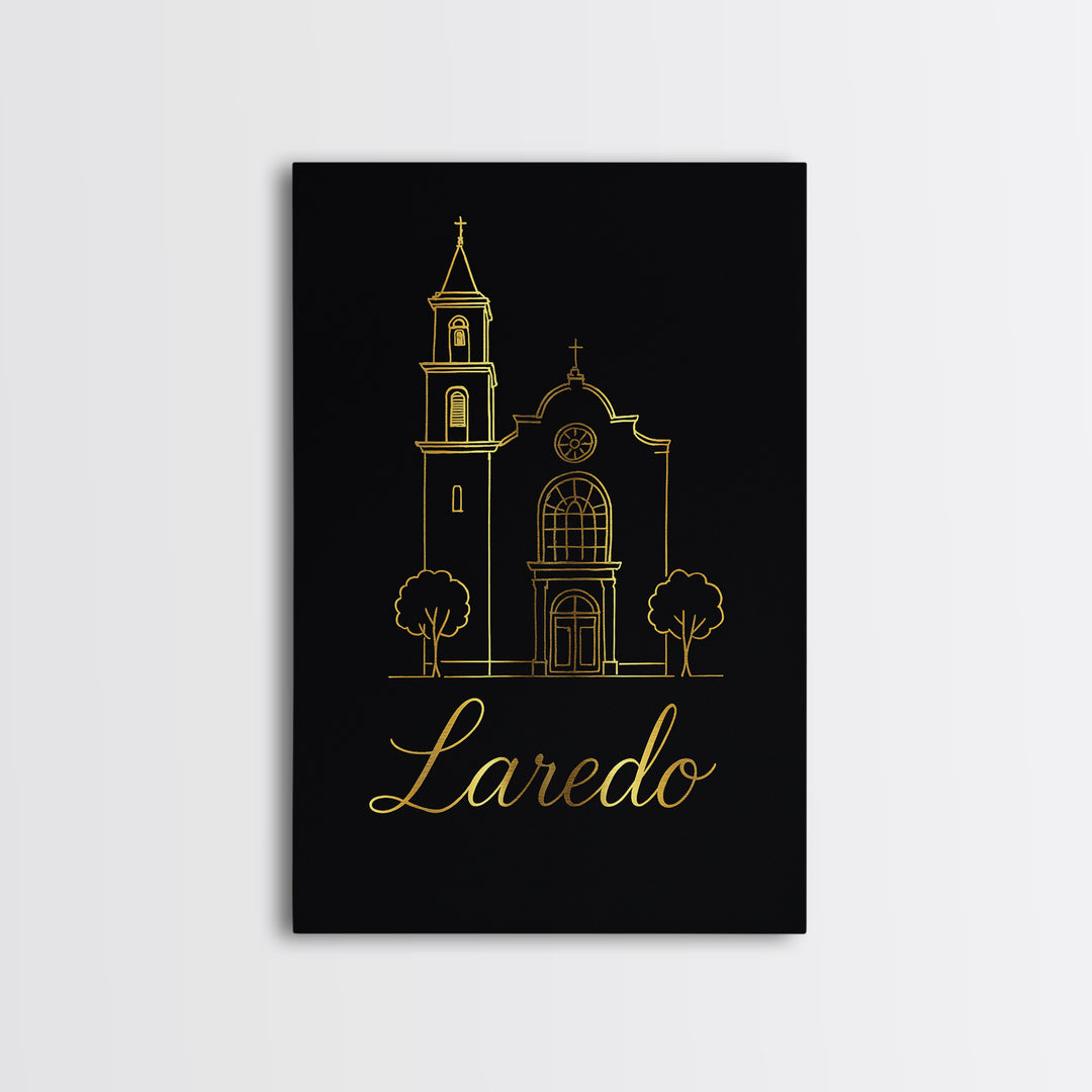 Laredo Travel Poster, Canvas Print, Minimalist Gold Line Art, Laredo Wall Art, Watercolor Skyline, City Art Print, Retro Travel Print
