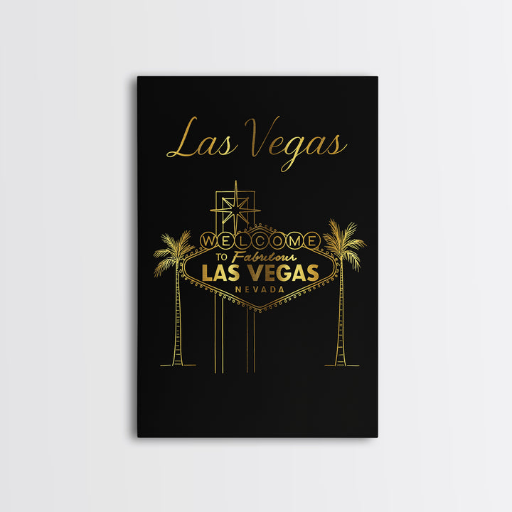 Las Vegas Travel Poster, Framed Canvas Print, Gold Outline Poster Art, Las Vegas Travel Art, City Art Print, Watercolor Skyline