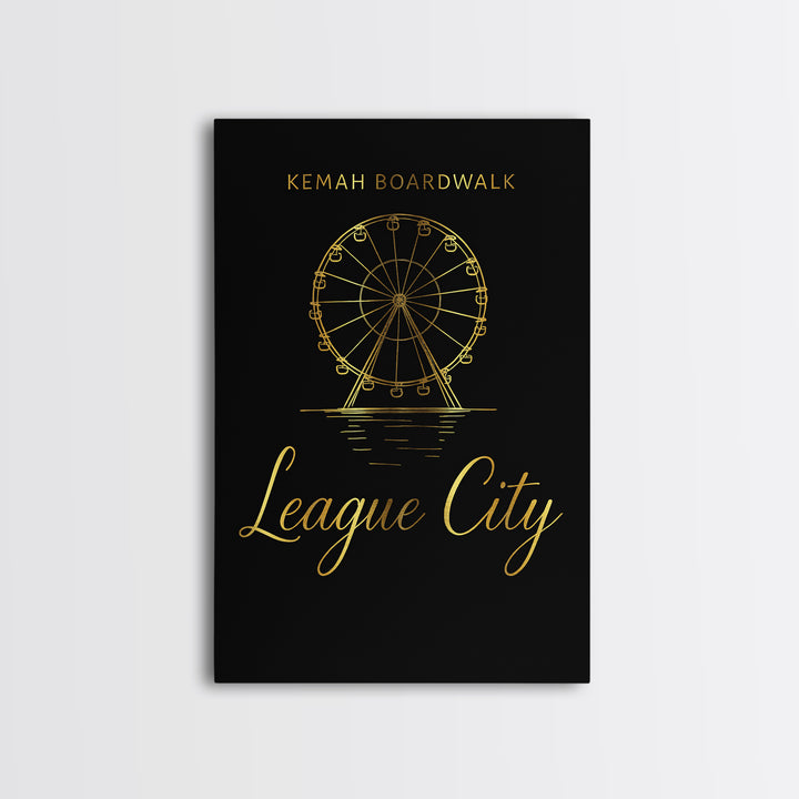 League City Texas Travel Poster, Canvas Print, Gold Outline Poster Art, League City Wall Art, Travel Poster Set, Vintage City Art