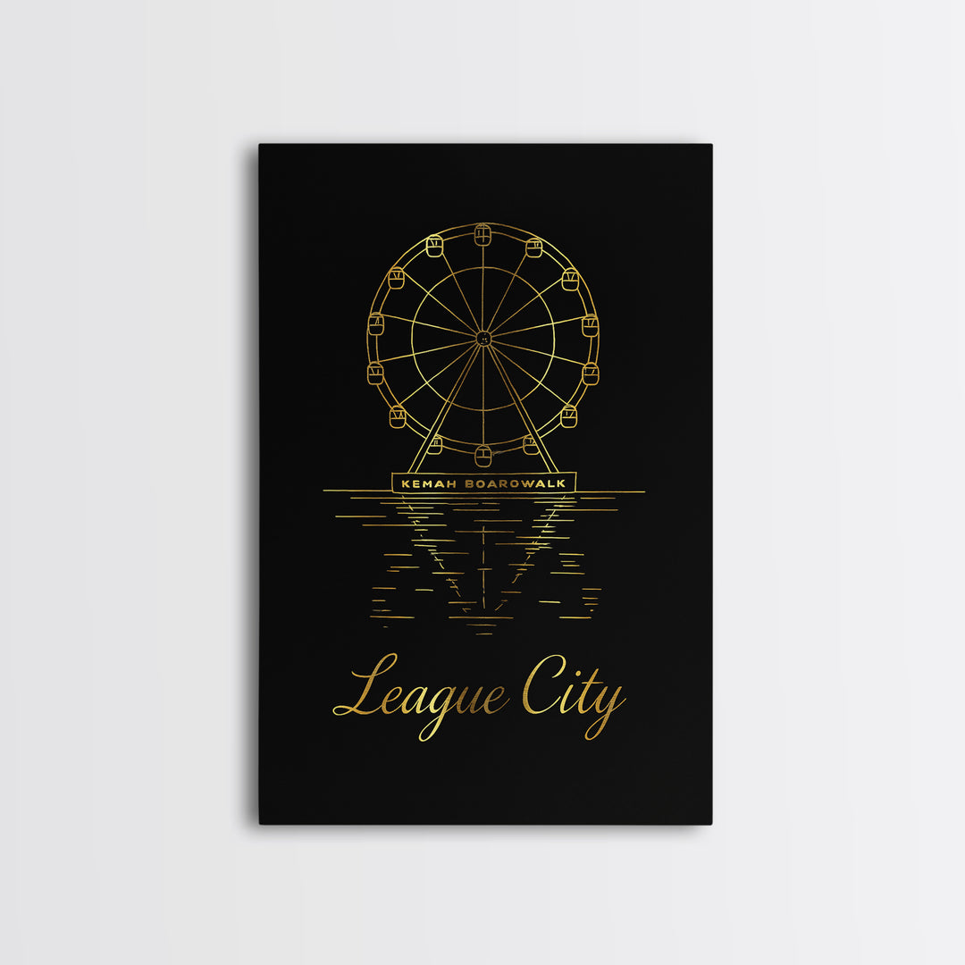 League City Travel Poster, Framed Canvas Print, Minimalist Gold Line Art, League City Wall Art, Watercolor Skyline, Mid Century Wall Art