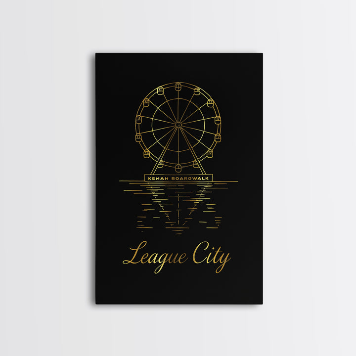 League City Travel Poster, Framed Canvas Print, Minimalist Gold Line Art, League City Wall Art, Watercolor Skyline, Mid Century Wall Art