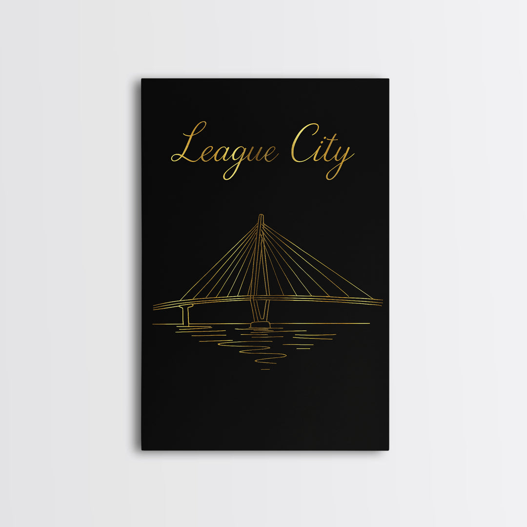 League City Travel Poster, Framed Canvas Print, Gold Outline Poster Art, League City Poster Print, City Art Print, Gift For Travelers