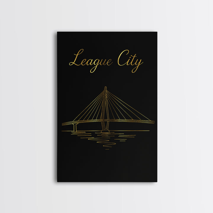 League City Travel Poster, Framed Canvas Print, Gold Outline Poster Art, League City Poster Print, City Art Print, Gift For Travelers