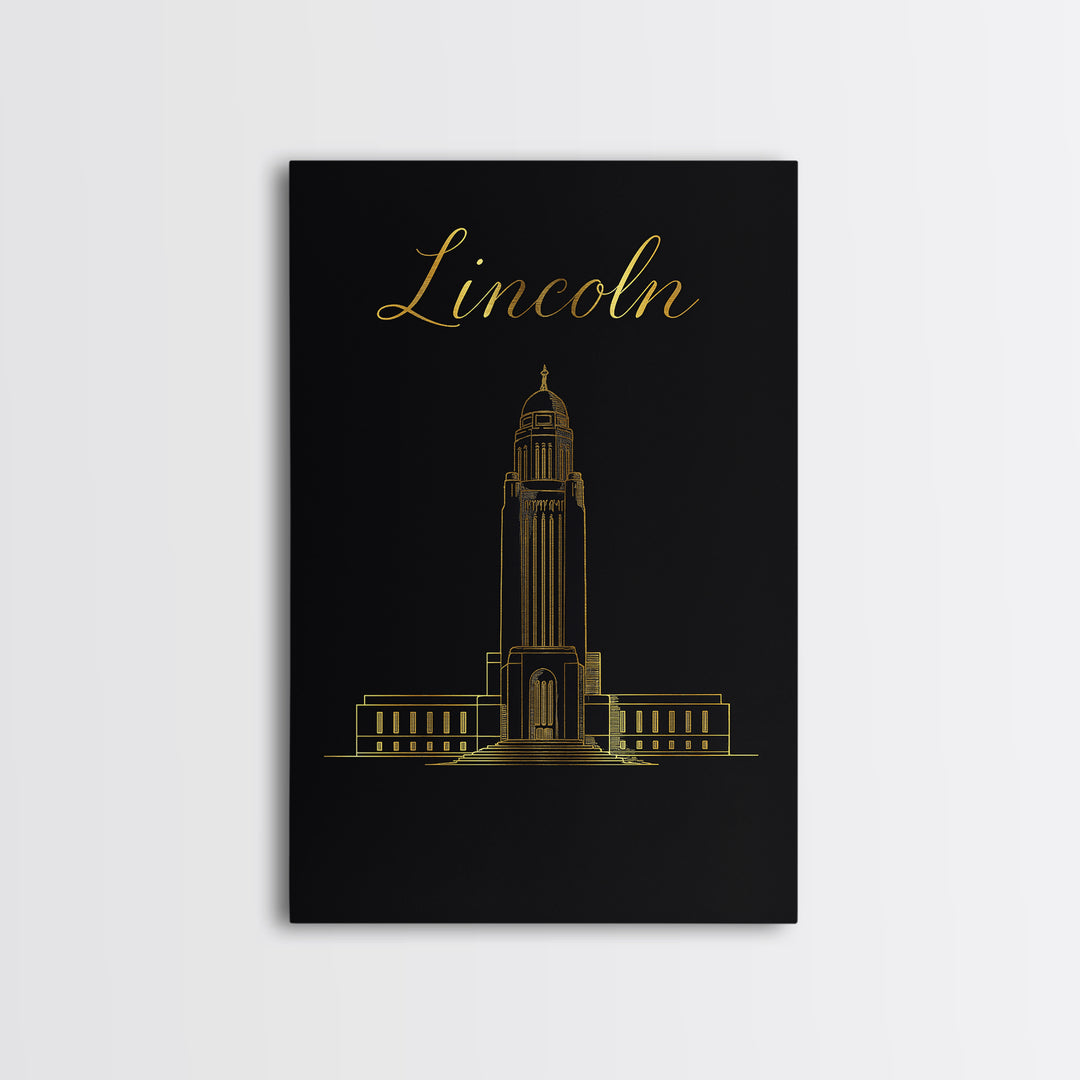 Lincoln Nebraska Travel Poster, Canvas Print, Black Gold Minimalist Art, Lincoln City Art, Gift For Travelers, Office Decor