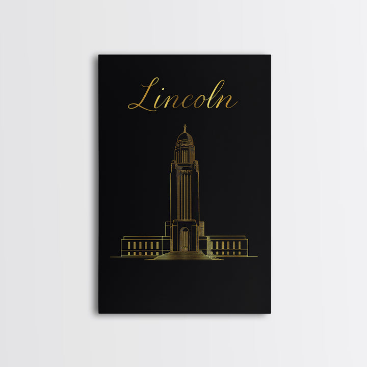 Lincoln Nebraska Travel Poster, Canvas Print, Black Gold Minimalist Art, Lincoln City Art, Gift For Travelers, Office Decor