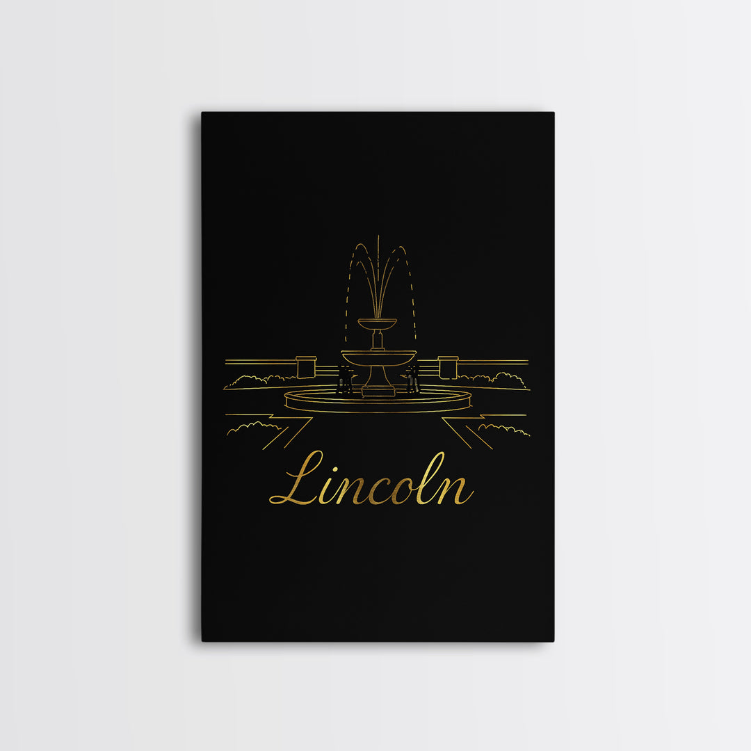 Lincoln Travel Poster, Framed Canvas Print, Minimalist Gold Line Art, Lincoln Travel Art, Watercolor Skyline Art, City Illustration