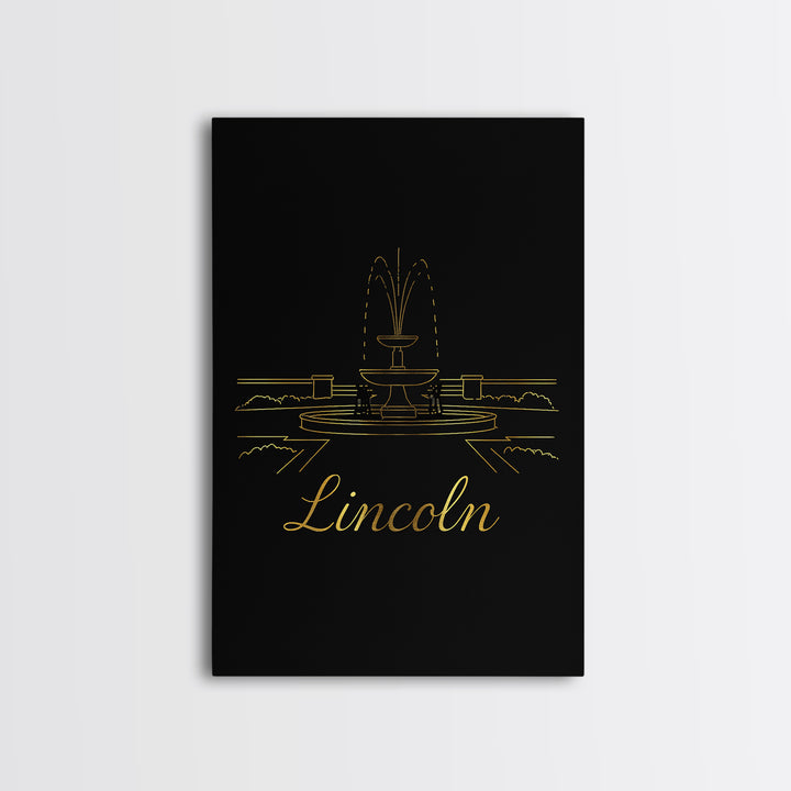 Lincoln Travel Poster, Framed Canvas Print, Minimalist Gold Line Art, Lincoln Travel Art, Watercolor Skyline Art, City Illustration