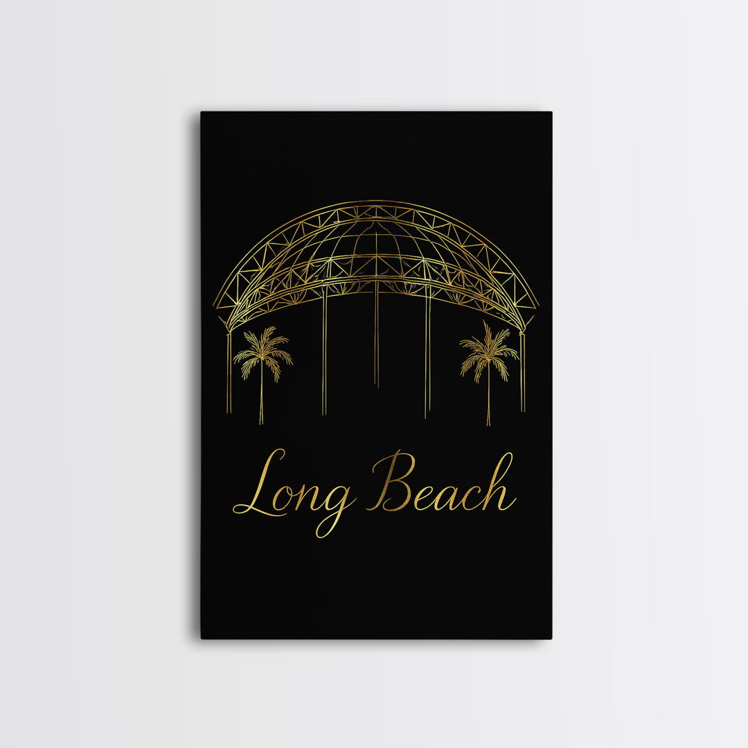 Long Beach Travel Poster, Framed Canvas Print, Black Gold Minimalist Art, Long Beach Travel Art, Eclectic Wall Decor, City Illustration