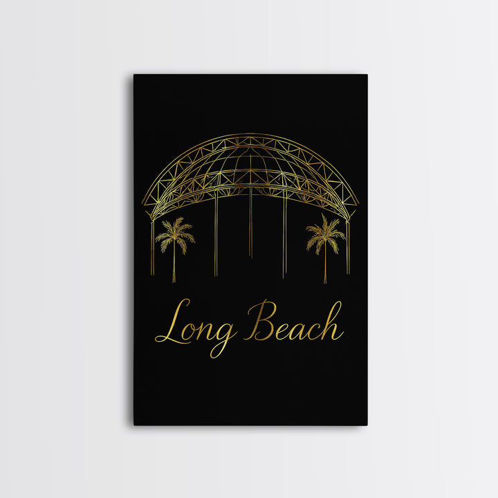 Long Beach Travel Poster, Framed Canvas Print, Black Gold Minimalist Art, Long Beach Travel Art, Eclectic Wall Decor, City Illustration