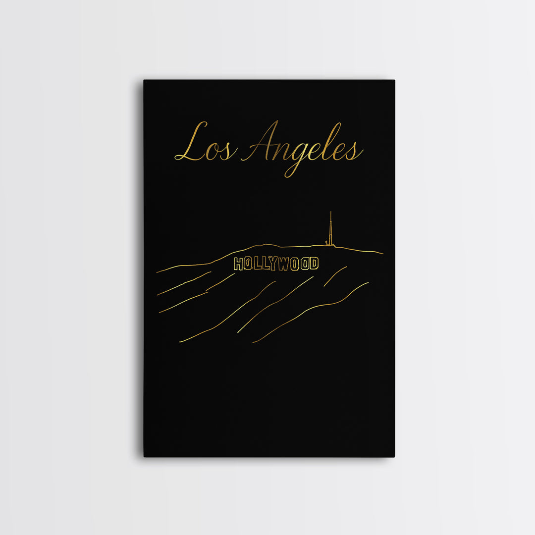 Los Angeles California Travel Poster, Canvas Print, Gold Outline Poster Art, Los Angeles Wall Art, Fine Art Print, Mid Century Wall Art