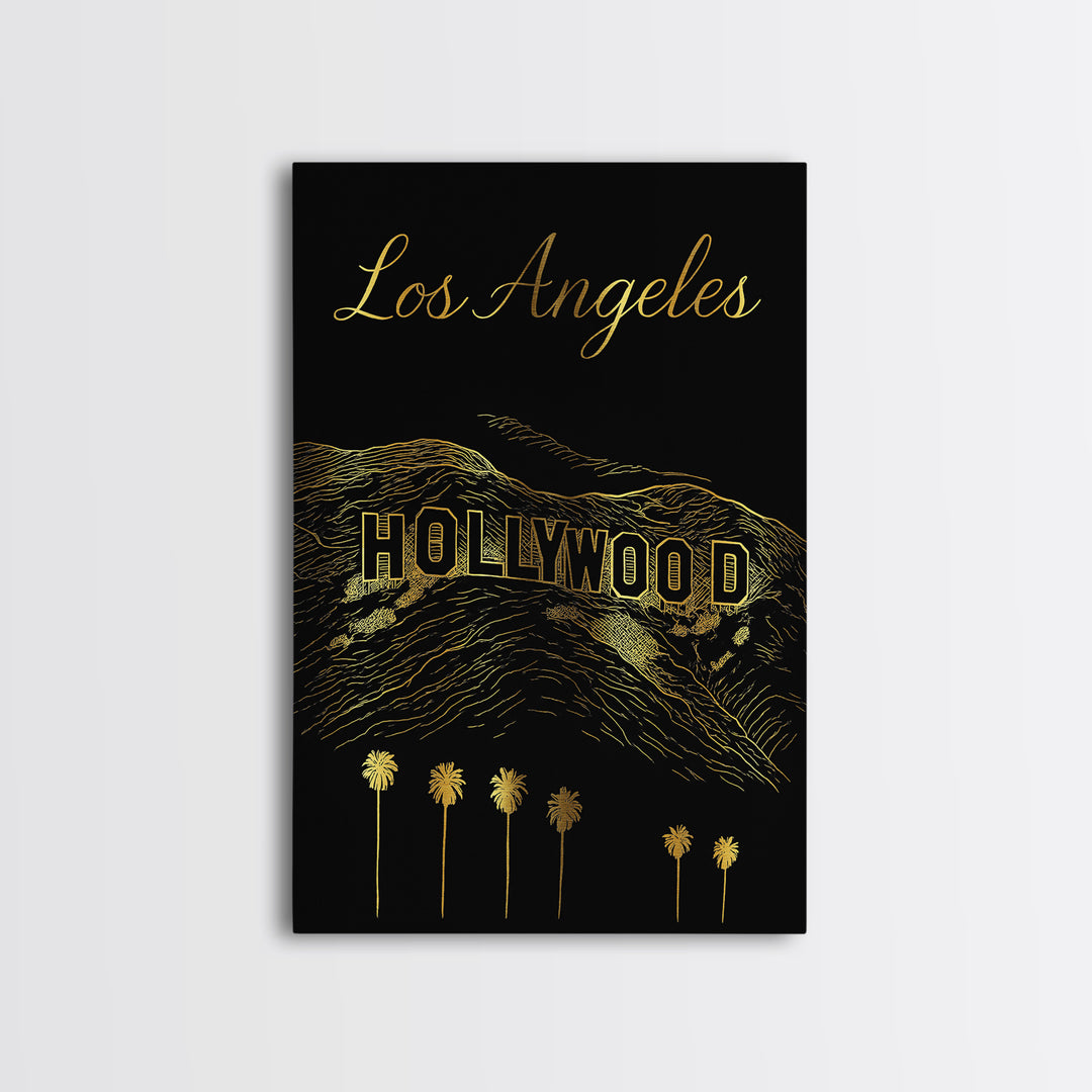 Los Angeles Travel Poster, Canvas Print, Gold Outline Poster Art, Los Angeles Travel Art, Wanderlust Decor, Gift For Travelers
