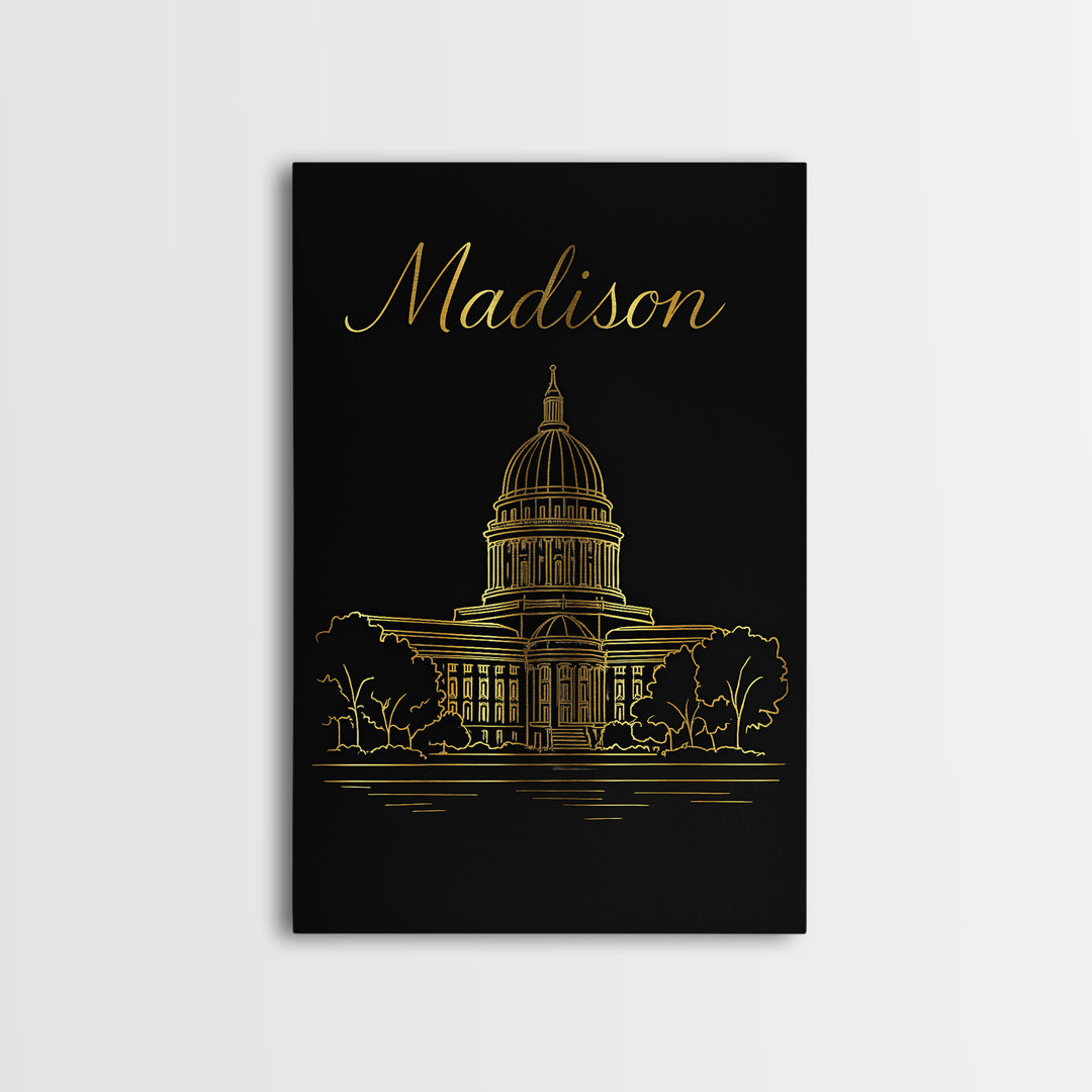 Madison Travel Poster, Canvas Print, Minimalist Gold Line Art, Madison City Art, Travel Art Print, Vintage City Poster, Vintage City Art