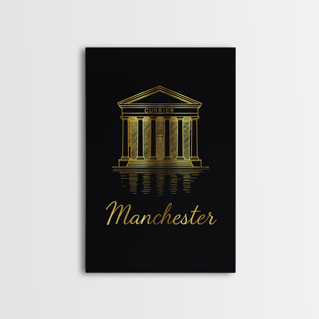 Manchester Travel Poster, Framed Canvas Print, Gold Outline Poster Art, Manchester Poster Print, Vintage City Art, Mid Century Wall Art