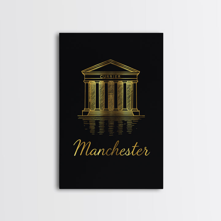Manchester Travel Poster, Framed Canvas Print, Gold Outline Poster Art, Manchester Poster Print, Vintage City Art, Mid Century Wall Art