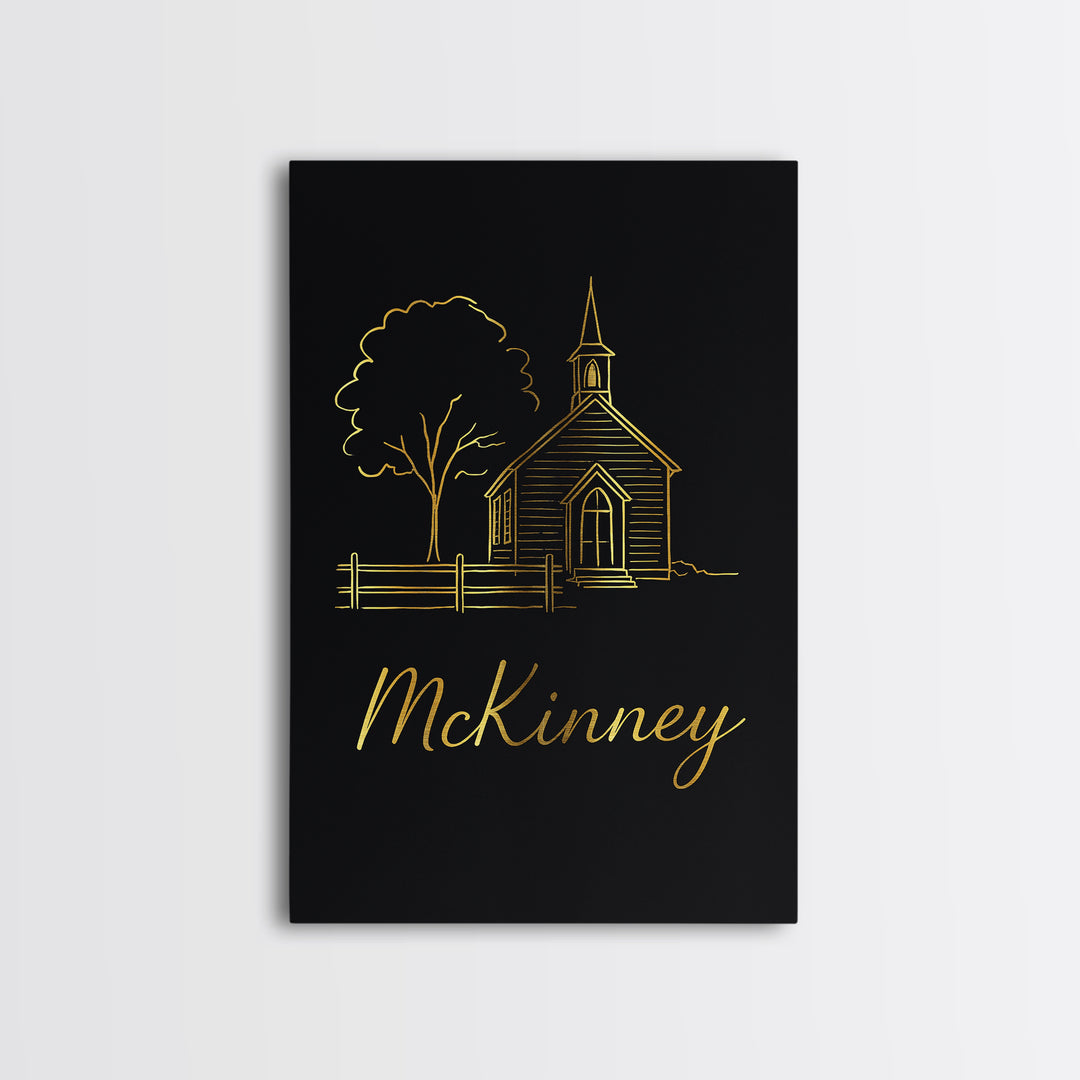 Mckinney Travel Poster, Framed Canvas Print, Minimalist Gold Line Art, Mckinney Poster Print, City Art Print, Travel Wall Decor