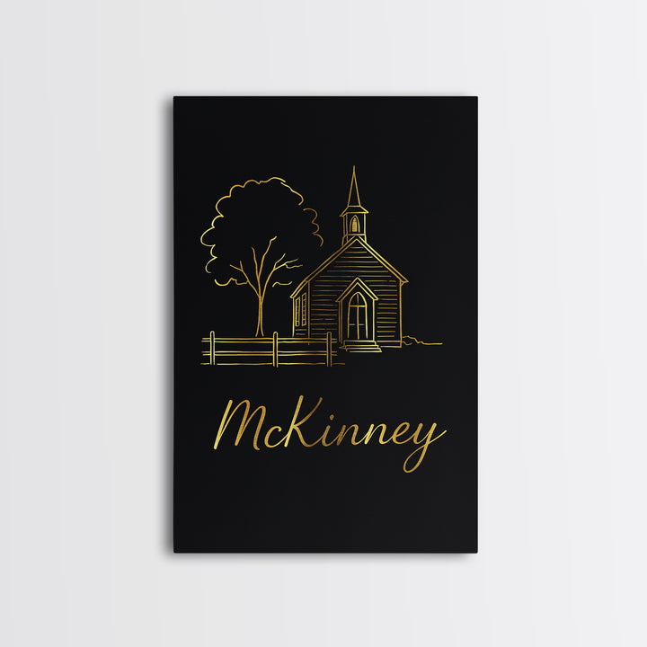 Mckinney Travel Poster, Framed Canvas Print, Minimalist Gold Line Art, Mckinney Poster Print, City Art Print, Travel Wall Decor