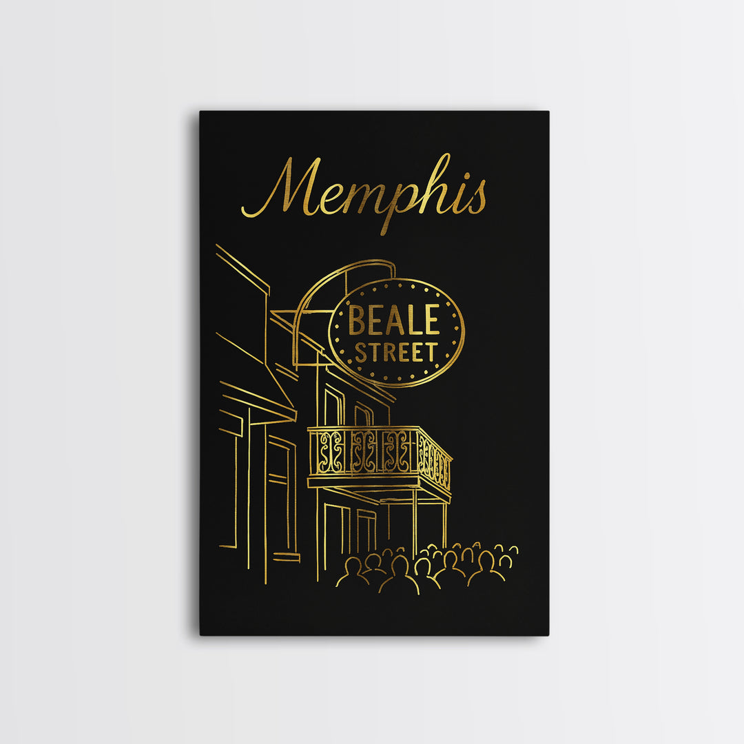 Memphis Tennessee Travel Poster, Framed Canvas Print, Gold Outline Poster Art, Memphis City Art, Vintage Travel Print, Travel Poster Art