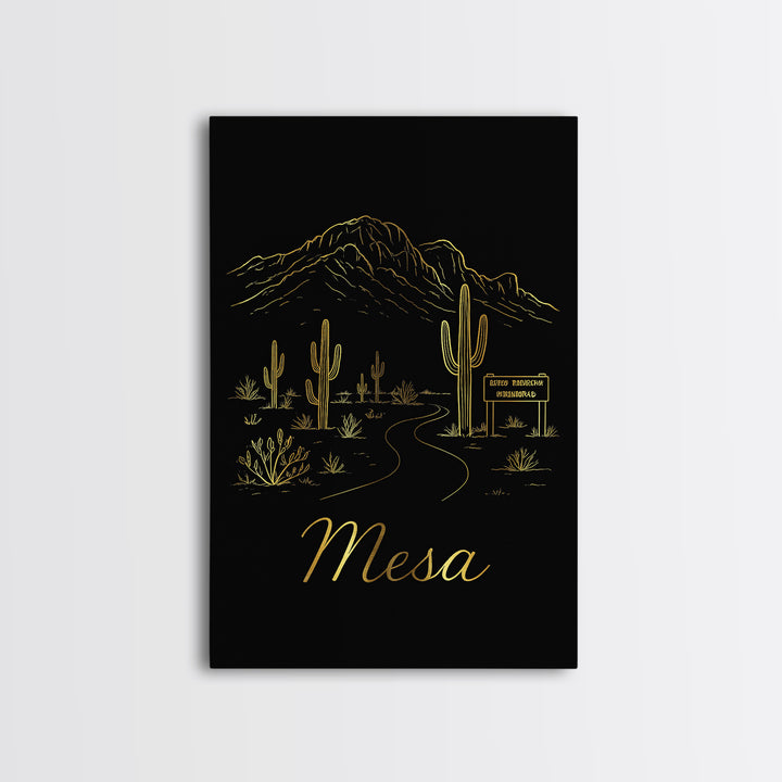 Mesa Arizona Travel Poster, Canvas Print, Gold Outline Poster Art, Mesa Poster Print, Wanderlust Decor, City Art Print, Retro Travel Print