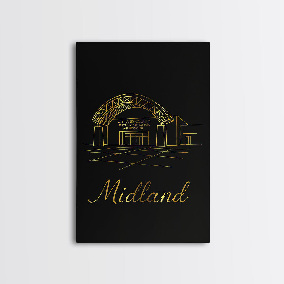 Midland Texas Travel Poster, Framed Canvas Print, Black Gold Minimalist Art, Midland City Art, City Travel Prints, Travel Wall Art, Wall Art