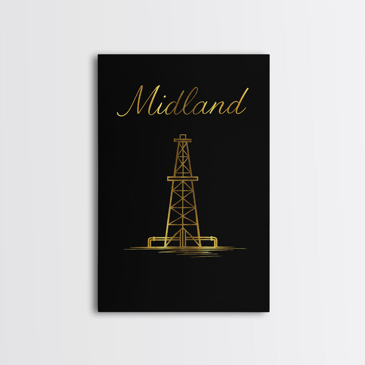 Midland Travel Poster, Framed Canvas Print, Minimalist Gold Line Art, Midland Art Print, Vintage Travel Print, Vintage Travel Art