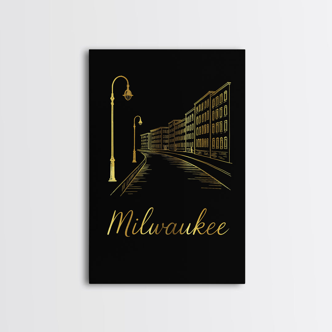 Milwaukee Travel Poster, Framed Canvas Print, Gold Outline Poster Art, Milwaukee Wall Art, Travel Poster Set, Eclectic Wall Decor