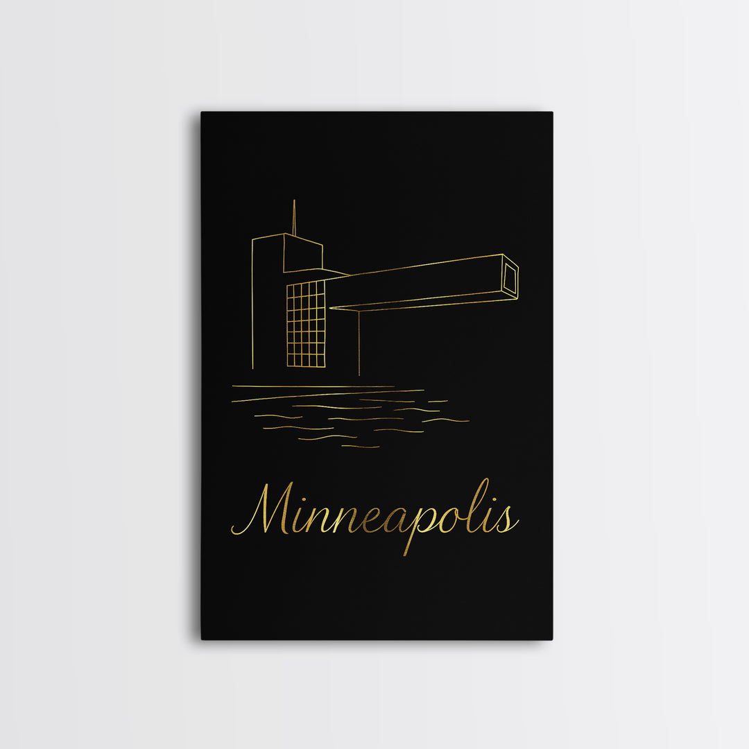Minneapolis Minnesota Travel Poster, Canvas Print, Black Gold Minimalist Art, Minneapolis Art Print, City Illustration, Vintage City Art