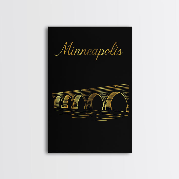 Minneapolis Travel Poster, Framed Canvas Print, Black Gold Minimalist Art, Minneapolis Travel Art, Gift For Travelers, Home Office Decor